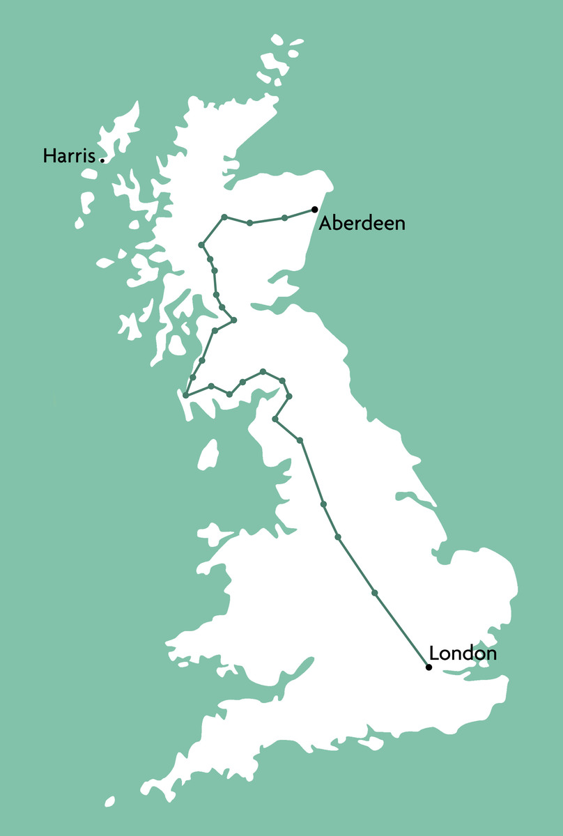 Map of William MacGillivray's Walk from Scotland to London