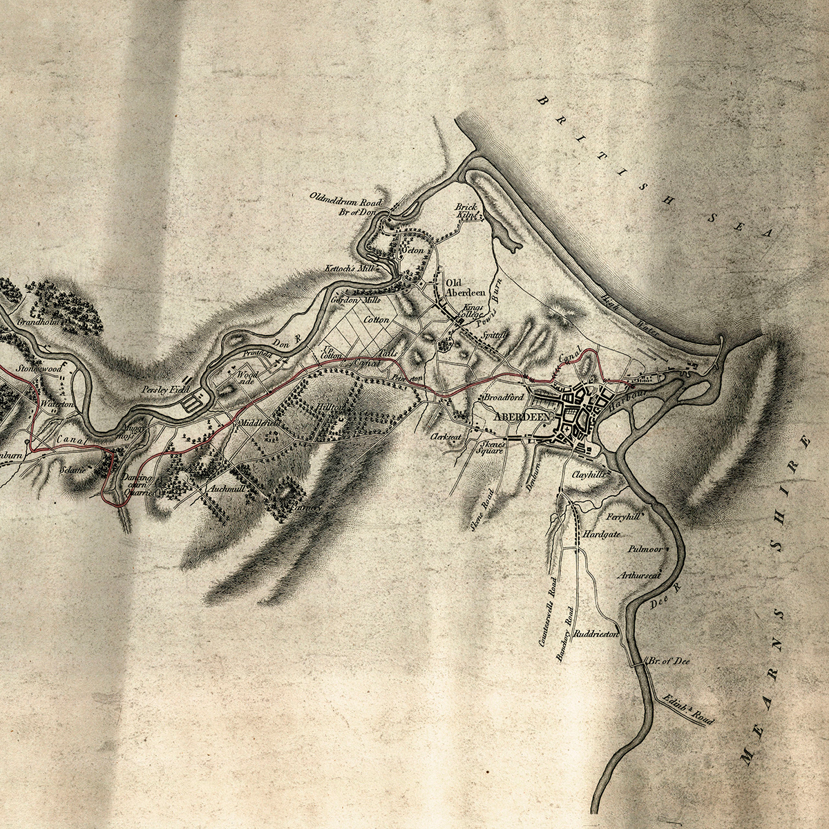 Printed map of Aberdeen and Old Aberdeen in 1796, with the river Don to the North and the Dee to the South, surrounding farmland and terrain features such as hills. The route of a proposed canal from Inverurie is shown passing North of Aberdeen into the harbour.