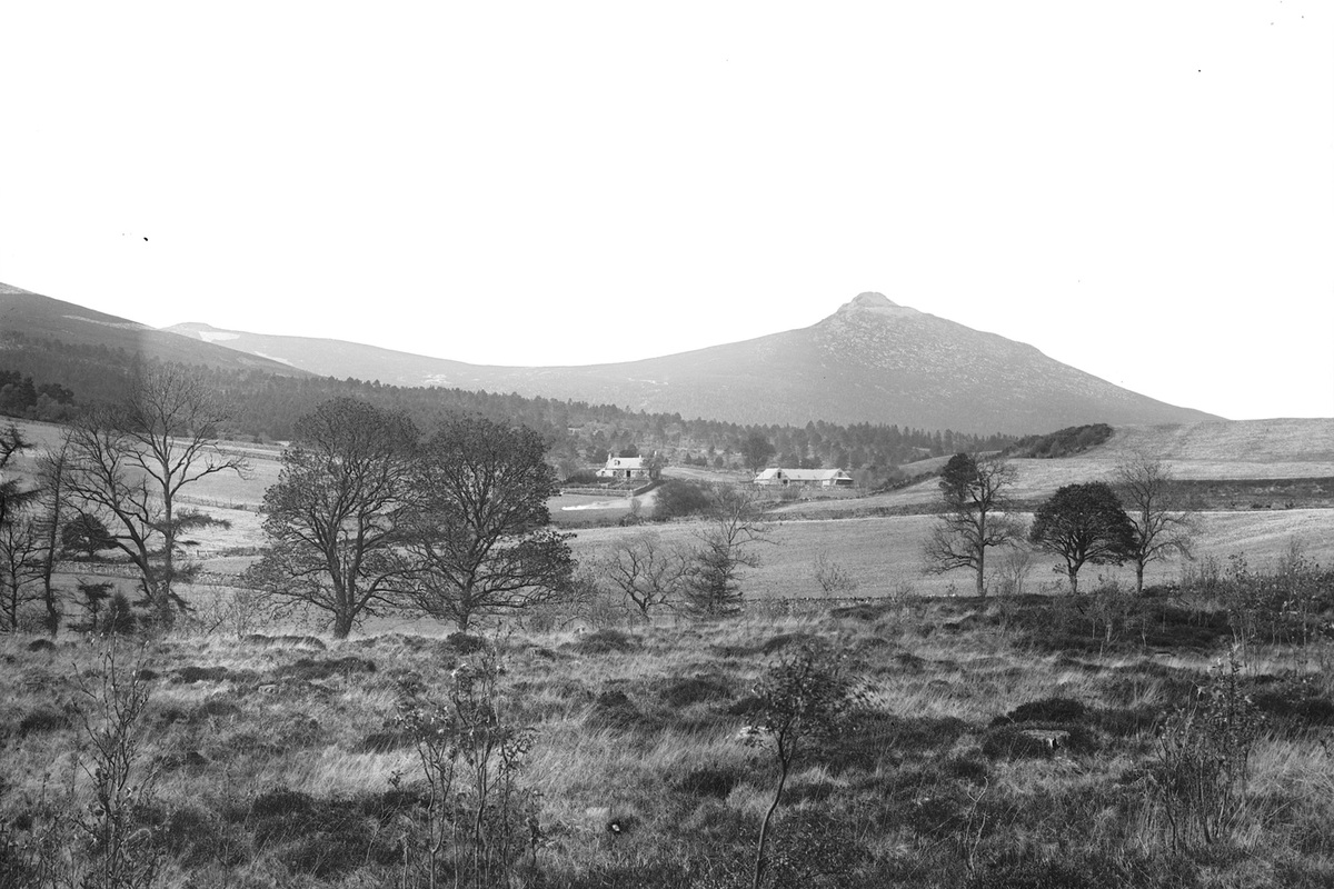 Bennachie. A mountain with a rounded peak, slightly snow covered. In the mid distance are two houses, fields and trees.