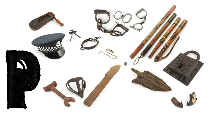 A large printed capital letter P with agricultural tools, a police hat and batons, manacles, a rattle, a whistle, torture implements and a large padlock.