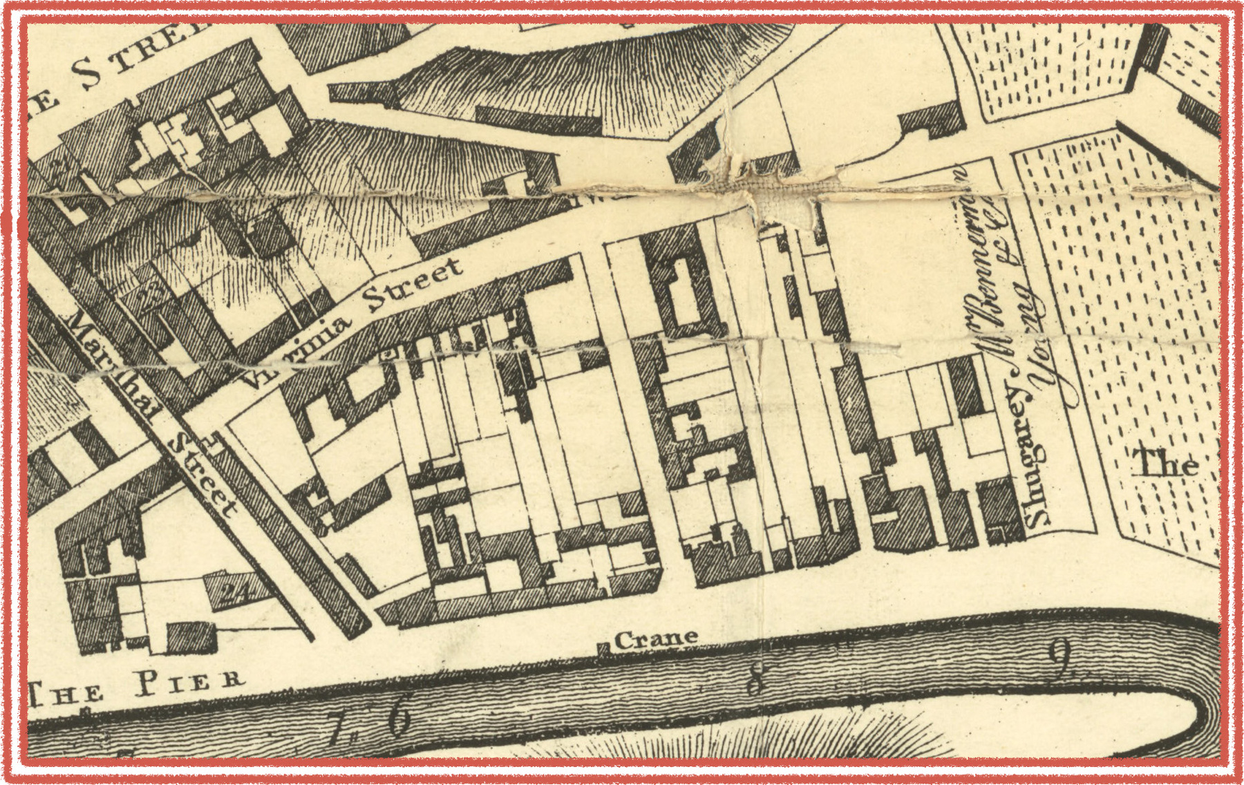 Old printed map of Aberdeen, showing the area by the harbour. A street named Virginia Street runs behind warehouses parallel to the water, and a building labelled Shugarey is prominent.