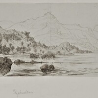 Drawing depicting a coastal scene. A canoe is visible at lower right foreground with hills visible at left middle ground and mountains in the background.