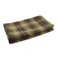 Plaid. A folded pieced of cloth, green with vertical white, brown, blue and red bands and horizontal white and brown bands.