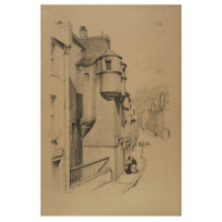 Print. A winding street of terraced houses with some pedestrians. The focus is a house with three turret like structures up the sides and overhanging the street.
