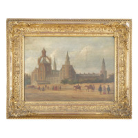 Painting. Landscape painting of a large, church like building with towers, spires, long wings and a chapel. Above the main tower is a crown like structure. The building is behind a wall over which are the tops of trees. Groups of people populate the area in front of the wall, many wearing red gowns. The painting is in an ornate gilded frame.