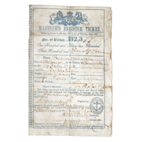 Mariner's ticket. A paper form printed with blue ink and filled in by hand with black ink, listing identifying details of the bearer such as name, height, complexion, eye and hair colour, and signed by the bearer and officials.