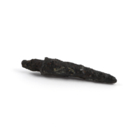 Projectile point. A small pointed piece of black, lumpy corroded iron, about two inches long.
