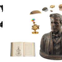 A large printed capital letter C, with a bust of James Clerk Maxwell, combs, a brass instrument and a book.