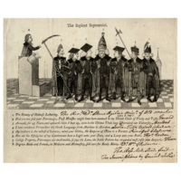 Print. Titled The Sapient Septemviri, the print depicts a row of scholars linking arms while another scholar speaks from a podium. The scholars are mostly dressed in black gowns with square caps, but some have an absurd appearance. One is depicted as a skeleton with a scythe, another wears all tartan and wields a polearm, and another has a large conical hat with an orb and cross on top.