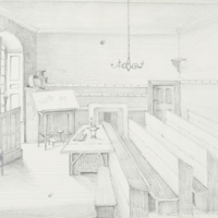 Pencil sketch of a classroom in old Marischal College. A tall ceilinged room with five long wooden desks and benches, a lectern, a fireplace, a simple chandelier and a large window with shutters in an arched alcove.