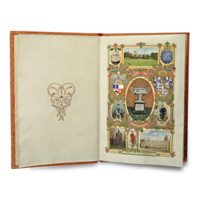 Album. A large book bound in red leather. The book is open on the first pages. On the left page is an illustration of shinty sticks with ribbons and scrolls. The right page is richly decorated with colour illustrations of a ship, crossed swords, the University of Aberdeen&#039;s coat of arms, the Littlejohn of Invercharron Challenge Vase, an elderly white man in a black gown and an another in highland dress, King&#039;s College, a student in a red gown, and Marischal College. Colourful gilded borders of knotwork border the illustrations.