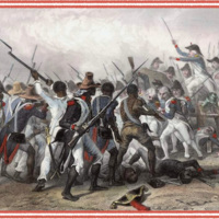 Printed depiction of a battle. Black soldiers fight white soldiers. Both sides wield rifles with bayonets and swords, and wear blue swallowtail coats, white shirts and trousers. The white soldiers wear bicorne hats and white stockings and shoes, whereas the Black soldiers are mostly barefooted and wear the hats of agricultural workers.