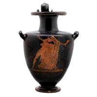 Amphora. A black vase with handles. It is decorated with an illustration of a robed figure holding a fish who is being grappled around the waist by a nude figure.