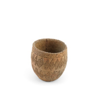 Beaker. A small earthenware cup, with three incised horizontal lines below the rim and two rows of diamonds filled with vertical lines on the body.
