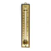 Thermometer. Small wooden frame, brass plate indicating Fahrenheit and Celsius, glass cylinder with red fluid.