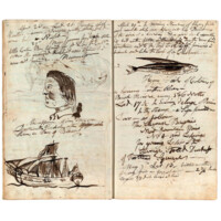 Pages of a manuscript journal with barely legible handwriting. Half of one page has been torn out. Visible are illustrations in black ink of a white man with curly hair, a pony tail and ruddy cheeks; a large sail ship, and a flying fish.