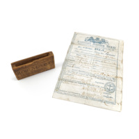 Mariner&#039;s ticket and box. A paper form printed with blue ink and filled in by hand with black ink, listing identifying details of the bearer such as name, height, complexion, eye and hair colour, and signed by the bearer and officials. Also a small wooden box to store the ticket which is inscribed Robt. Mason Sketrow and decorated with a row of incised saltires.