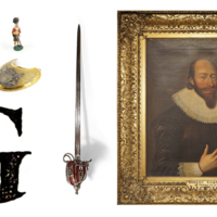 A large, printed capital letter G with a portrait in a gilded frame, a sword, cup, belt plates, gorget and a model Highlander soldier.