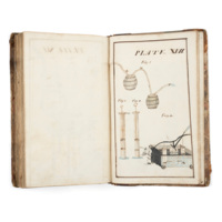 Notebook. An open manuscript book with an ink and watercolour illustration of a man operating a rudimentary fire engine consisting of three barrels of water with pumps and pipes which spray the water. Other barrels with pipes, and two tall cylindrical pumps are also illustrated.