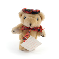 Hamish McBear. A small teddy bear with a tartan bonnet and scarf.