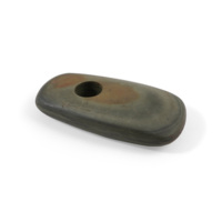 Mace head. A small rounded rectangular slab of greenish stone with bands of darker and lighter colours. A perfectly circular hole about the size of a ten pence piece has been drilled near one end.