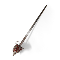 Sword. Almost a metre long steel sword, the blade has two grooves along its length, the handle is surrounded by a basket of steel loops with decorative punched hearts, and red cushioning inside.