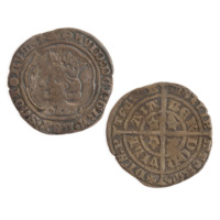 Groat. A silver coin with the profile of a man wearing a crown and the inscription DAVID DEI GRA REX SCOTORUM around the edge on one side. The other side has a cross and stars and the inscription DNS PTECTOR MS Z LIBATOR MS VILL A A BERDON.