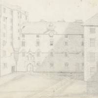 Pencil sketch of old Marischal College. A large rectangular building with four floors. It has a stone archway containing big wooden doors, large rectangular windows and blocks of chimneys. Adjoining the building is a rectangular tower with seven floors which has a round turret running up the side.