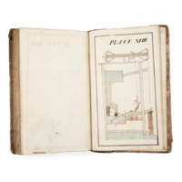 Notebook. An open manuscript book with an ink and watercolour illustration of a complex machine consisting of a large pump with weights hanging from it and multiple water reservoirs and channels.