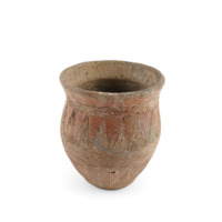 Ceramic beaker. A pot which slightly flares out at the middle, before narrowing at the neck and flaring out toward the rim. It is decorated with incised vertical and horizontal lines, cross hatching and large triangles pointing upward containing lines and cross hatching.