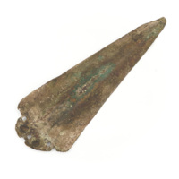 Halberd. A wide flat triangular bronze point, about seven inches long, with a raised area along the centre and three small holes near the bottom.