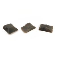 Gun flints. Three pieces of black flint about 2 centimetres wide. The pieces have been chipped into almost flat square shapes, with sloped sides.