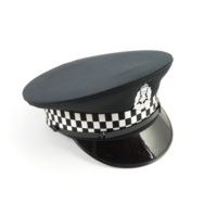 Police hat. A dark blue cap with a black and white chequered band and a shiny black visor.