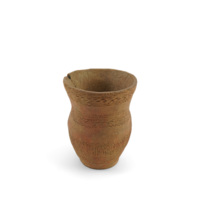 Ceramic beaker. A pot which slightly flares out at the middle, before narrowing at the neck and flaring out toward the rim. It is decorated with dotted vertical, horizontal and zig zag lines.