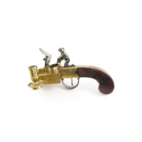Tinder pistol. A small pistol like device with a wooden handle. A brass, steel and flint mechanism is on the end, operated by a trigger, and there is also a candle holder on the side.