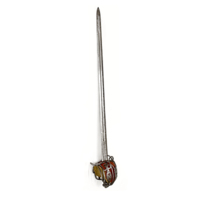 Sword. A steel sword with a basket hilt decorated with punched hearts and dots, and cushioned with red felt. The blade is inscribed and decorated with scrolls, foliage and a depiction of St. Andrew.