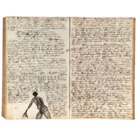 Pages of a manuscript journal with musical notation and an illustration of a Black person wearing a loincloth and holding a bunch of dripping rags. The surrounding text describes houses being washed.