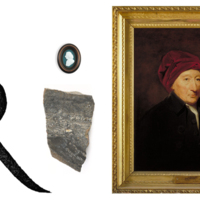 A large printed capital letter R with a painting in a gilded frame, a block of stone, and a small portrait medallion.