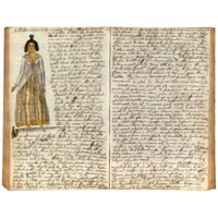 Pages of a manuscript journal with a coloured illustration of a light brown woman wearing a white and yellow patterned dress. She has gold earrings and black, bushy hair partly tied up. She is feeding a chicken. The illustration is captioned: &quot;Mullatoe woman in her morning dress&quot;.
