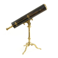 Telescope. Brass telescope, about half a meter long, covered with dark wood veneer. It has an ornate brass stand with curved legs. 