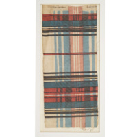Curtain sample. A rectangular piece of tartan curtain. White background, with narrow and wide vertical bands of light blue and red, and horizontal bands of dark blue and red, light yellow and black.
