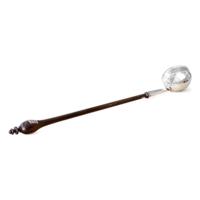 Toddy ladle. Long, turned wooden handle with a bulbous end. The silver bowl of the ladle has a coin incorporated into the bottom. The coin has the profile of a man wearing laurels and is inscribed GEORGIUS II DEI GRATIA.
