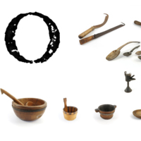 Large printed capital letters N and O, with bowls and spoons, farming tools and a lamp.