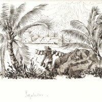 Drawing depicting a man wearing only white trousers carrying a pole across his right shoulder. Coconuts hang from both sides of the pole. The man in walking through a jungle with palm trees. A village with houses in front of a mountain is visible in the background.