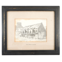 Print of the Aberdeen weigh house. A long building with a gable roof, small dormers, square windows, three simple wooden doors leading on to a balcony accessible by a staircase on the outside, and two large arched wooden doors on the lower level.