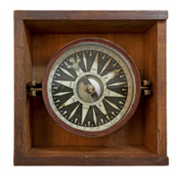 McCulloch&#039;s mariner&#039;s compass. A large compass consisting of a wide ring of card printed with directions and a degree scale, covered with glass and fixed on a steel strip screwed to a conical projection underneath. The compass is on a brass gimbal mount in a wooden box. 