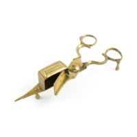 Candle snuffer. A brass device similar to a pair of scissors, but with a box on the blade which closes when operated.