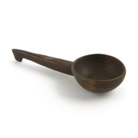 Ladle. A small dark wooden ladle, carved from a single piece of wood, with a hook at the end of the handle.