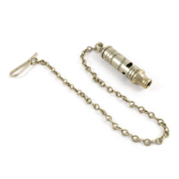 Whistle. A small silver cylindrical whistle with a chain and clip. The whistle is inscribed METROPOLITAN PATENT, ABERDEENSHIRE CONSTABULARY, HUDSON &amp; CO, 13 BARR ST, BIRMINGHAM.