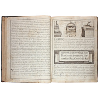 Foundation charter. A large open manuscript book in Latin. The text is separated by illustrated headers where titles are written on banners being held aloft by hands emerging from clouds, or on panels bordered with floral forms.